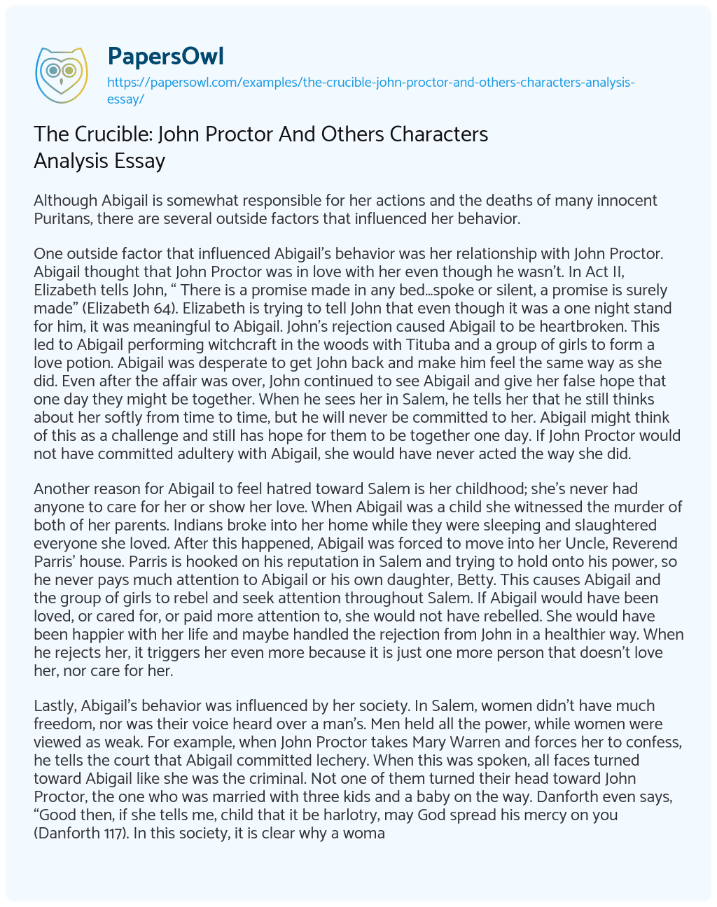 Essay on The Crucible: John Proctor and Others Characters Analysis Essay