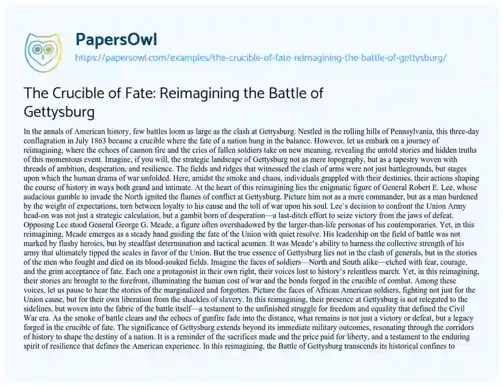 Essay on The Crucible of Fate: Reimagining the Battle of Gettysburg