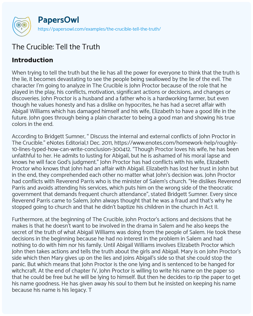 Essay on The Crucible: Tell the Truth