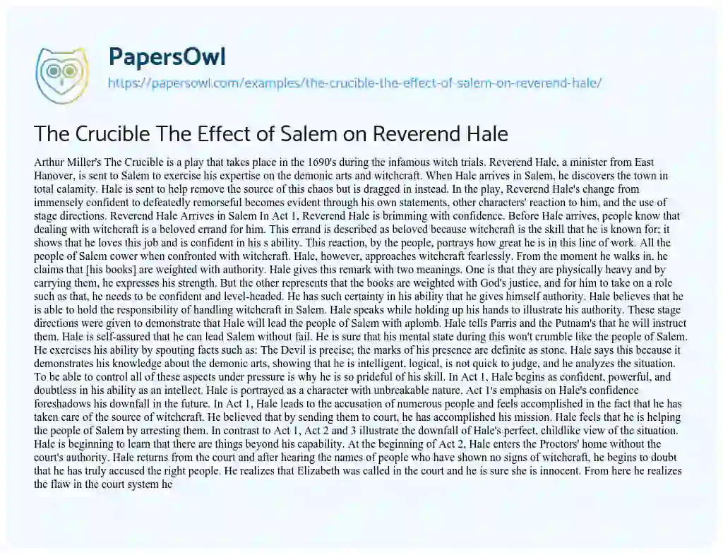 Essay on The Crucible the Effect of Salem on Reverend Hale