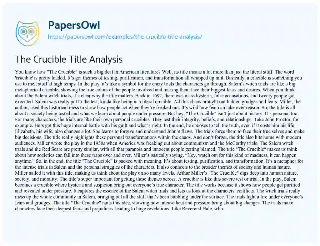 Essay on The Crucible Title Analysis