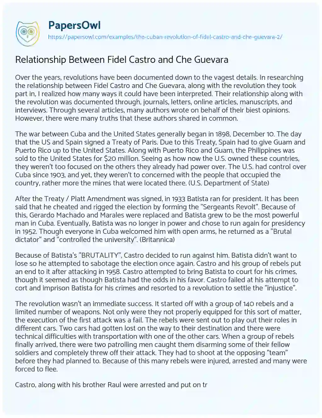 Essay on Relationship between Fidel Castro and Che Guevara