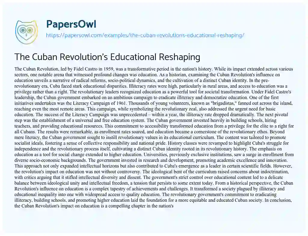 Essay on The Cuban Revolution’s Educational Reshaping