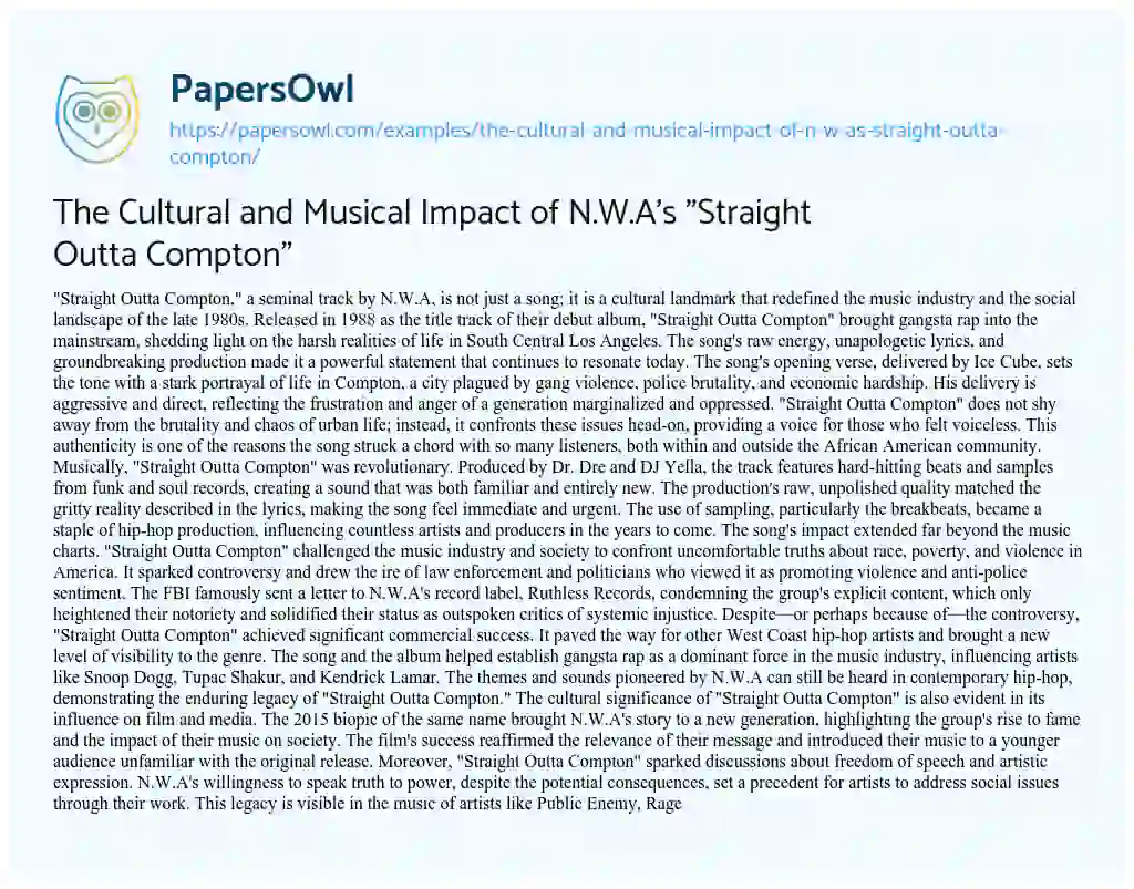 Essay on The Cultural and Musical Impact of N.W.A’s “Straight Outta Compton”