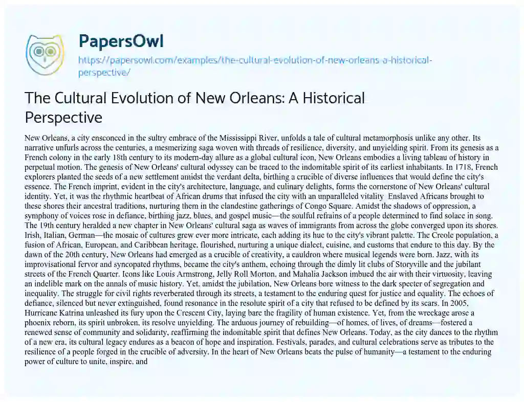Essay on The Cultural Evolution of New Orleans: a Historical Perspective