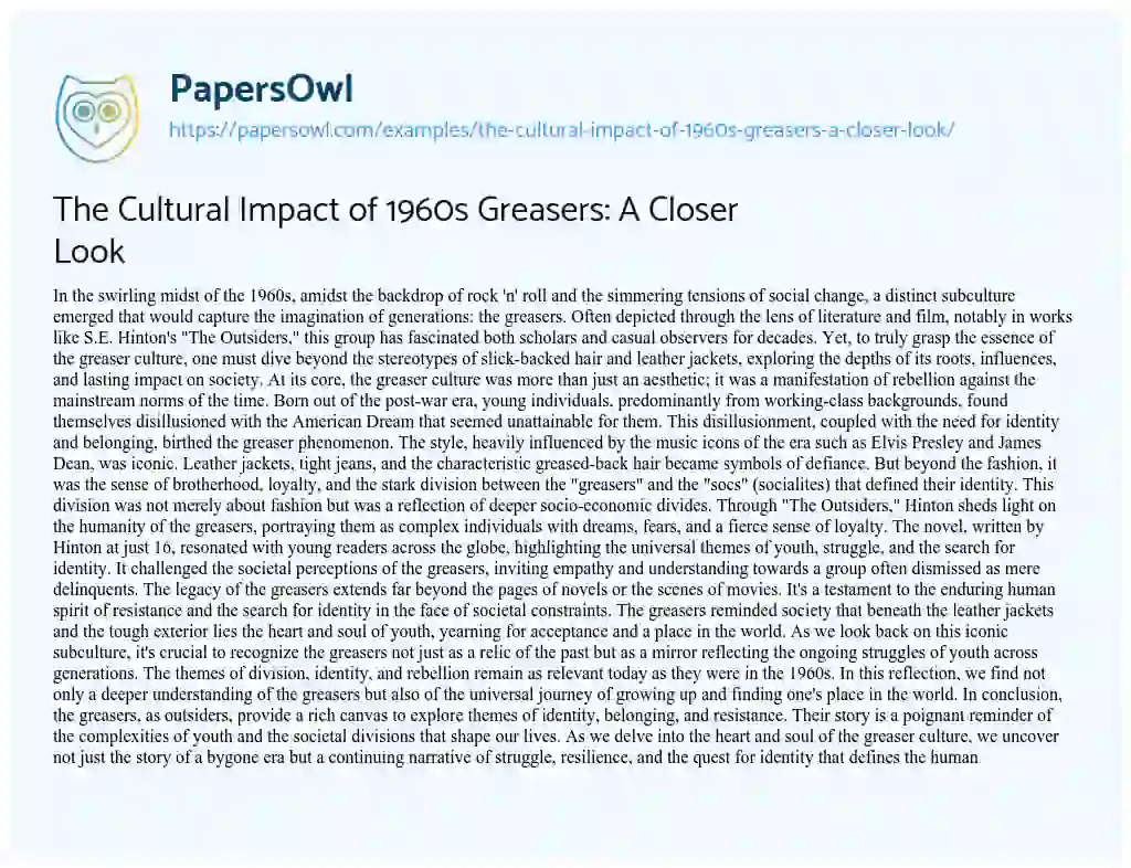 Essay on The Cultural Impact of 1960s Greasers: a Closer Look