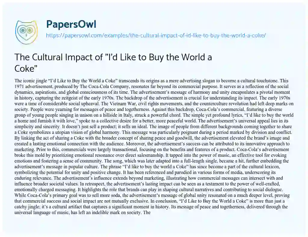 Essay on The Cultural Impact of “I’d Like to Buy the World a Coke”