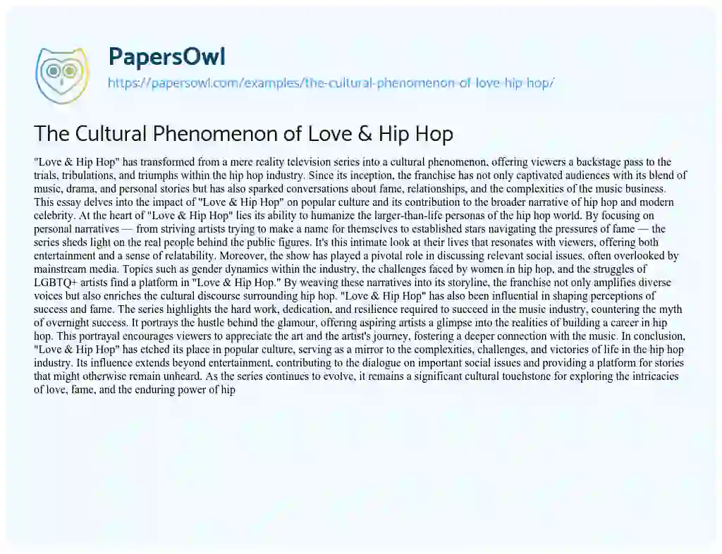Essay on The Cultural Phenomenon of Love & Hip Hop