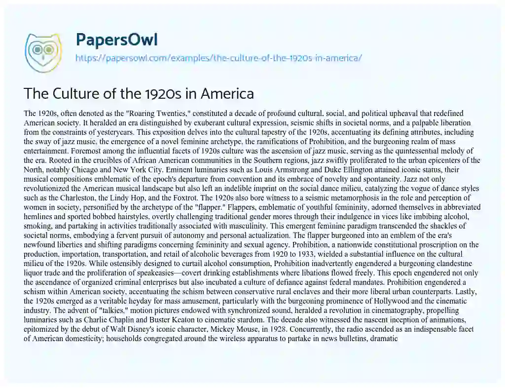 Essay on The Culture of the 1920s in America