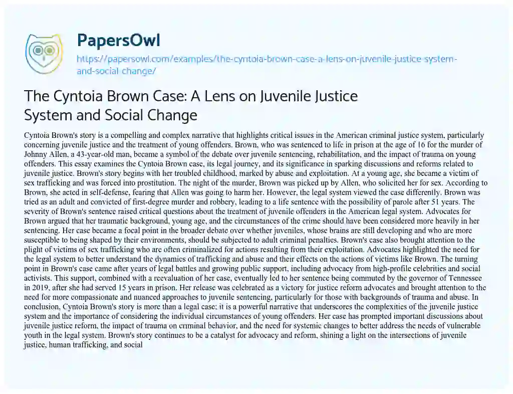 Essay on The Cyntoia Brown Case: a Lens on Juvenile Justice System and Social Change