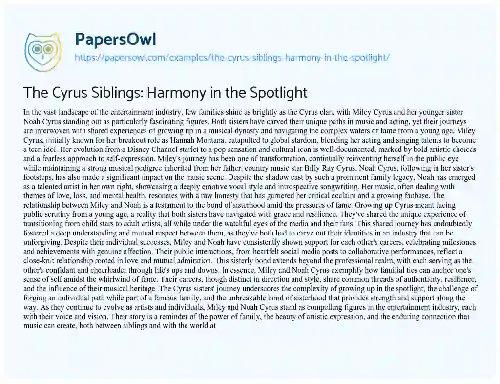 Essay on The Cyrus Siblings: Harmony in the Spotlight