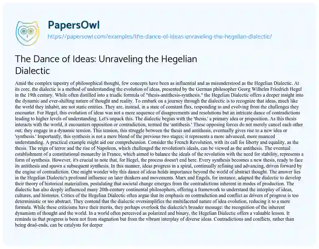 Essay on The Dance of Ideas: Unraveling the Hegelian Dialectic