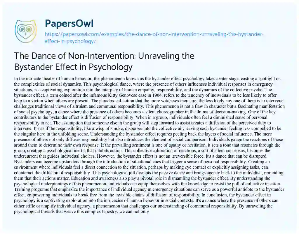 Essay on The Dance of Non-Intervention: Unraveling the Bystander Effect in Psychology