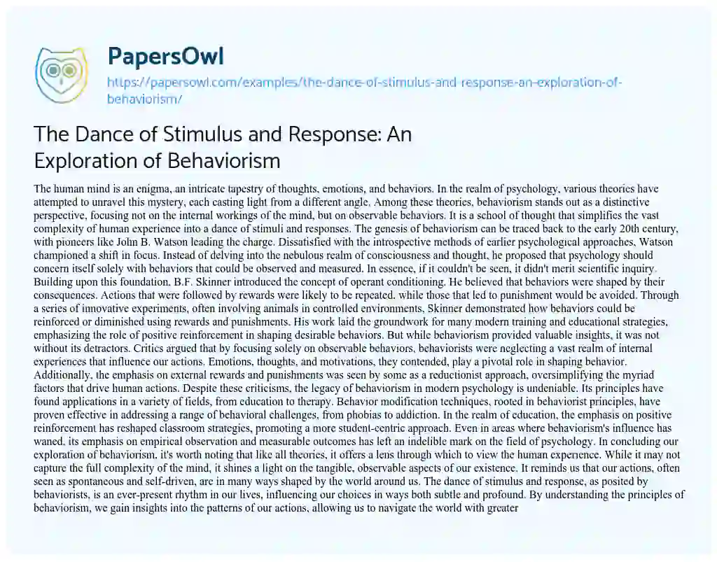 Essay on The Dance of Stimulus and Response: an Exploration of Behaviorism