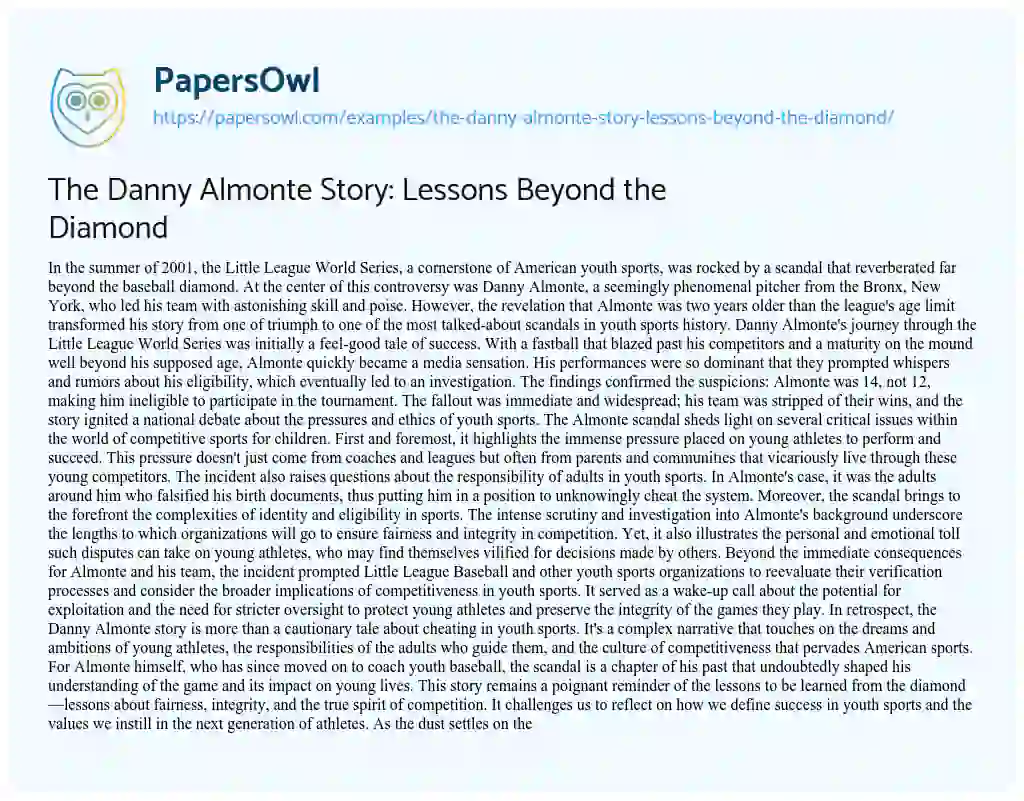 Essay on The Danny Almonte Story: Lessons Beyond the Diamond