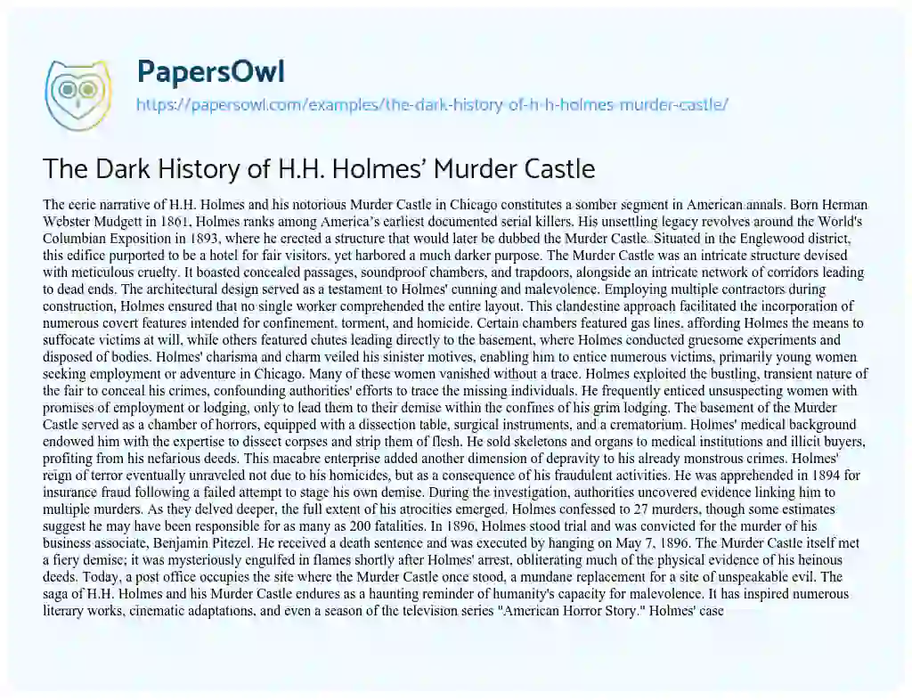 Essay on The Dark History of H.H. Holmes’ Murder Castle