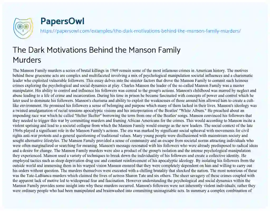 Essay on The Dark Motivations Behind the Manson Family Murders