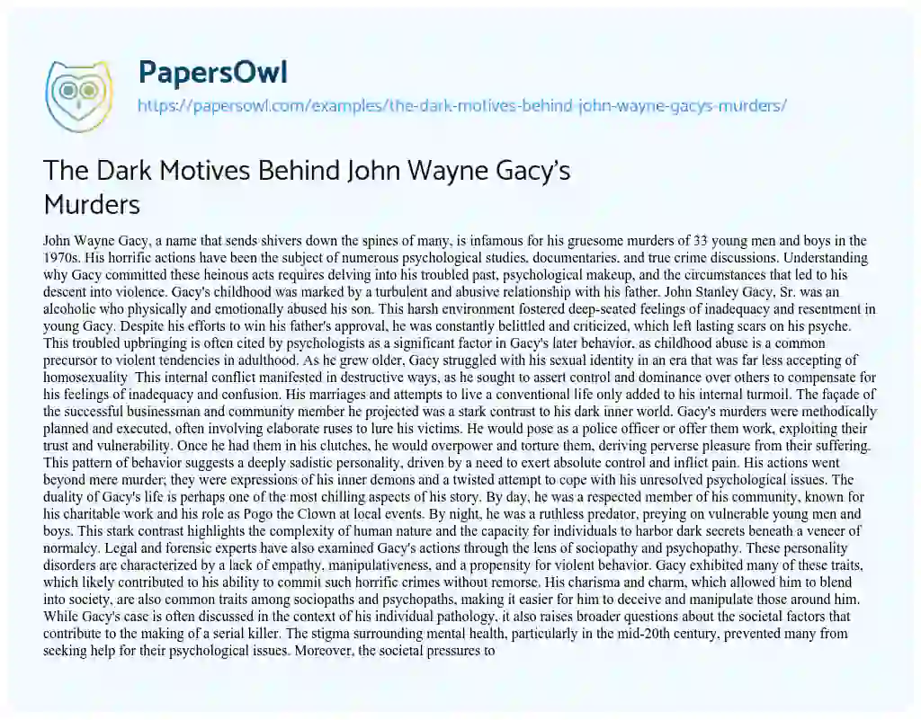 Essay on The Dark Motives Behind John Wayne Gacy’s Murders