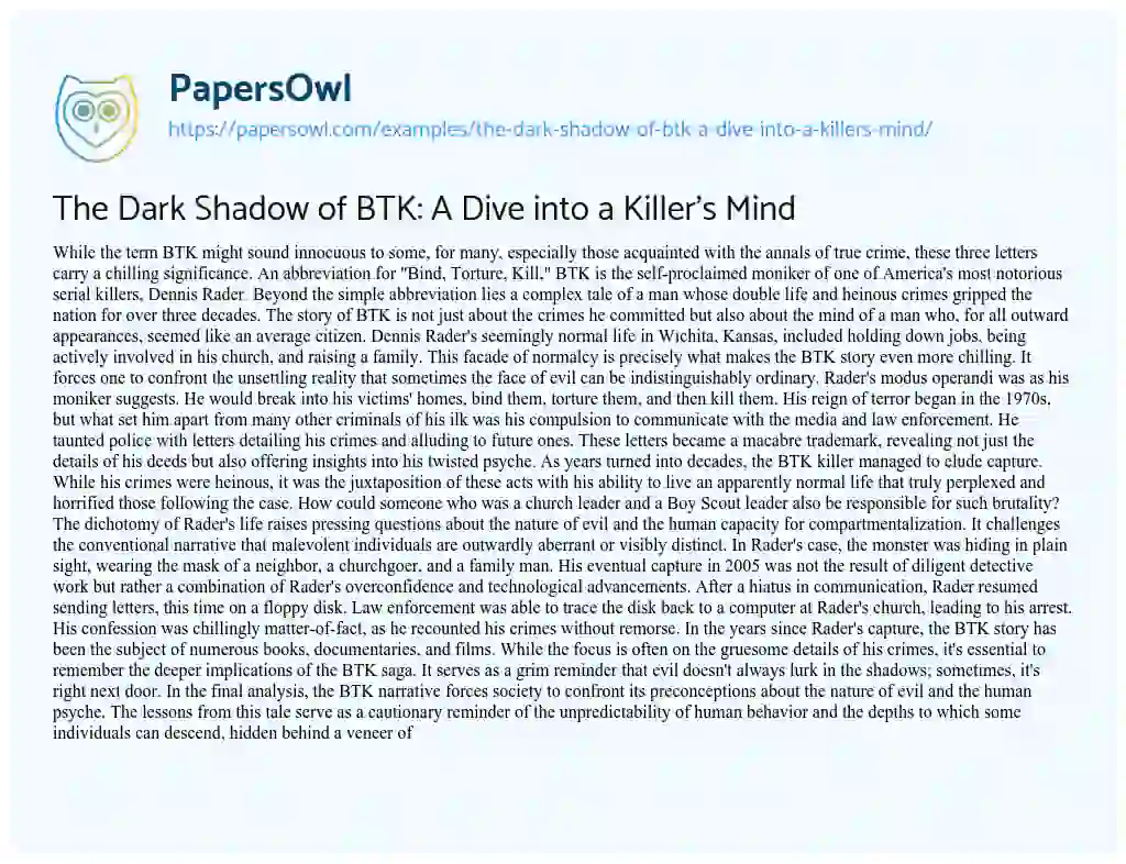 Essay on The Dark Shadow of BTK: a Dive into a Killer’s Mind