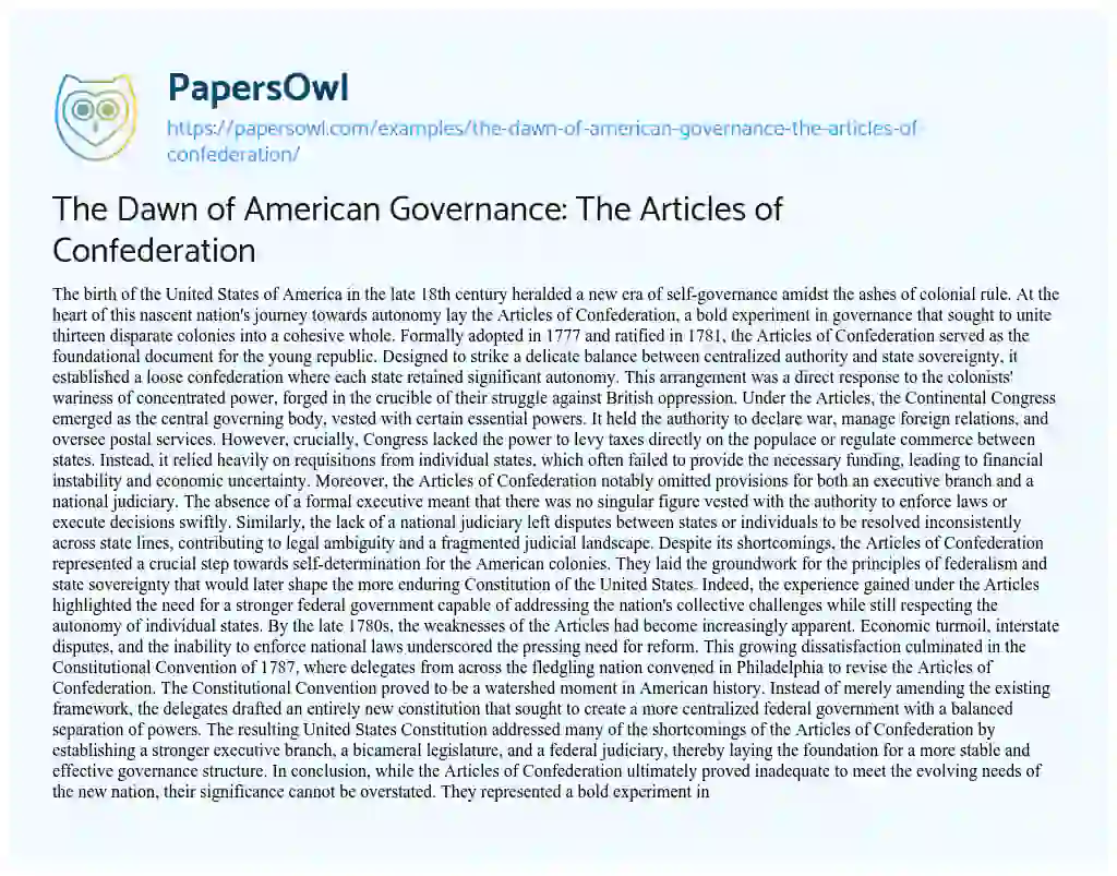 Essay on The Dawn of American Governance: the Articles of Confederation