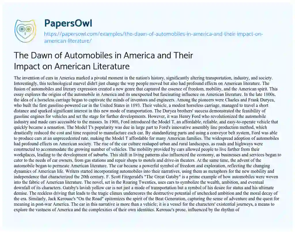 Essay on The Dawn of Automobiles in America and their Impact on American Literature