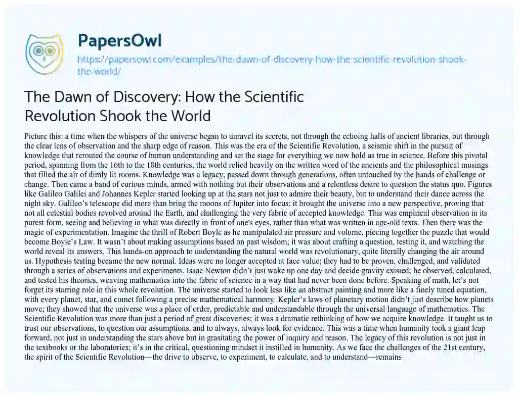 Essay on The Dawn of Discovery: how the Scientific Revolution Shook the World