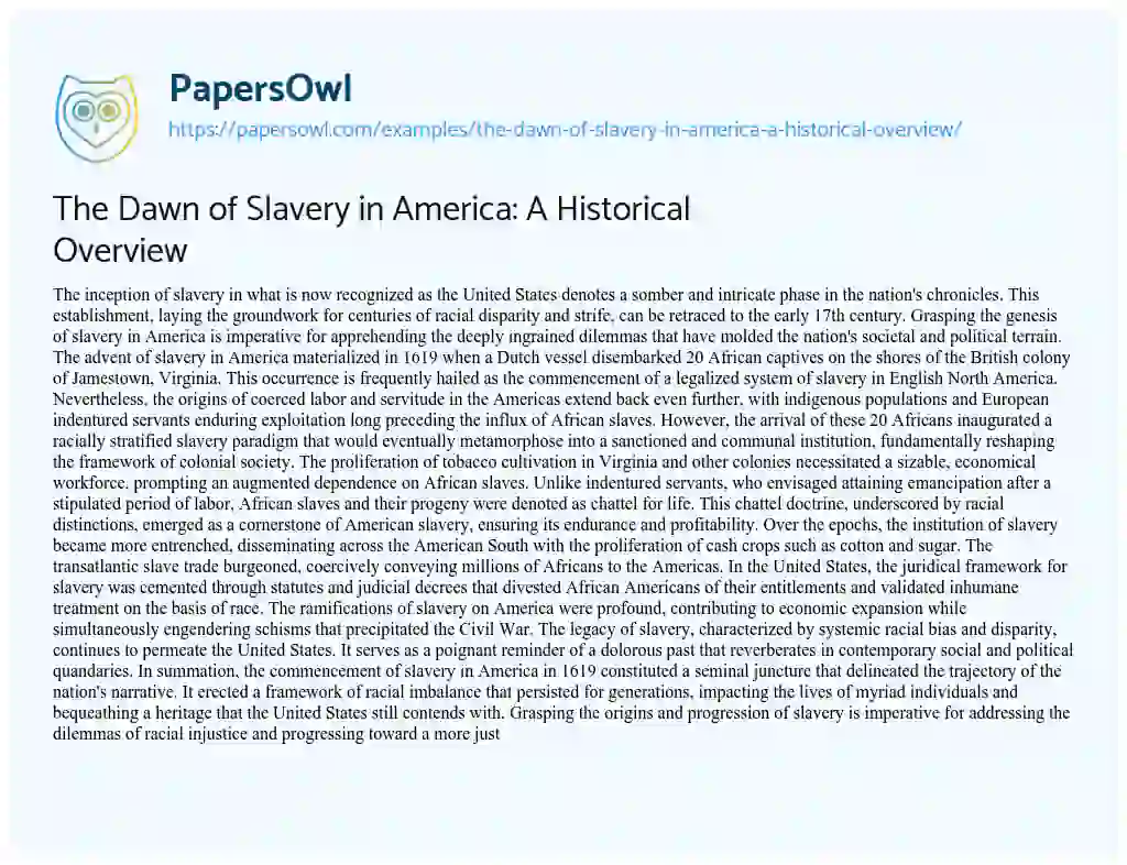 Essay on The Dawn of Slavery in America: a Historical Overview
