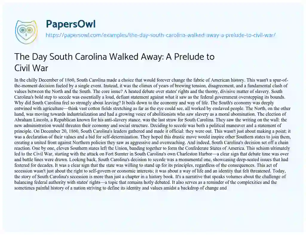 Essay on The Day South Carolina Walked Away: a Prelude to Civil War