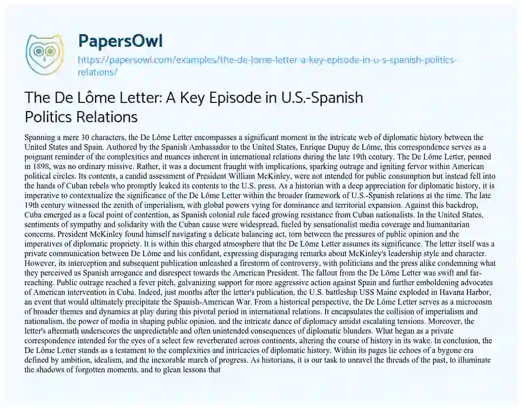 Essay on The De Lôme Letter: a Key Episode in U.S.-Spanish Politics Relations