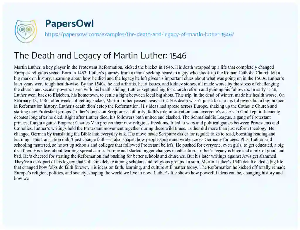 Essay on The Death and Legacy of Martin Luther: 1546