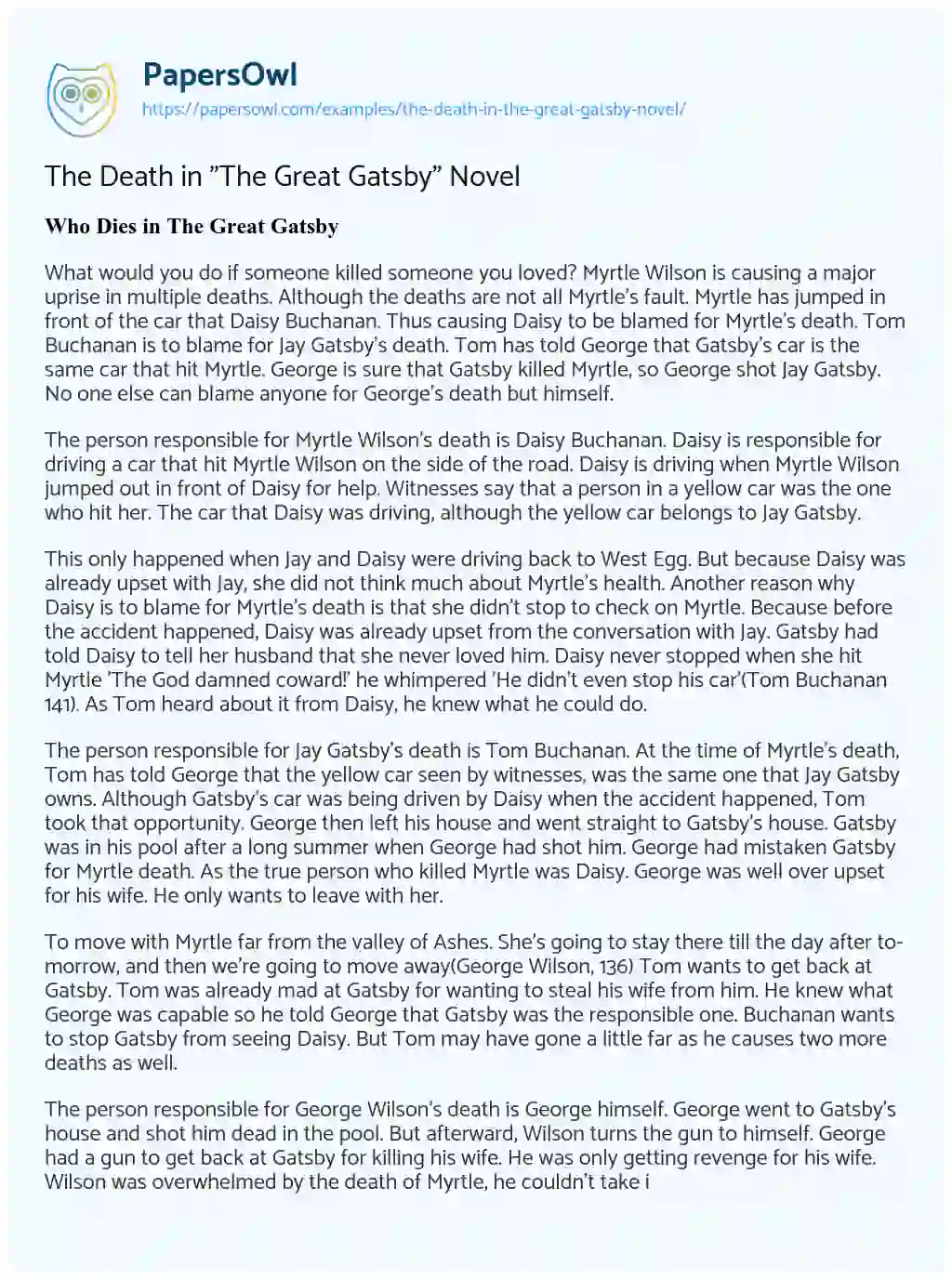 Essay on The Death in “The Great Gatsby” Novel