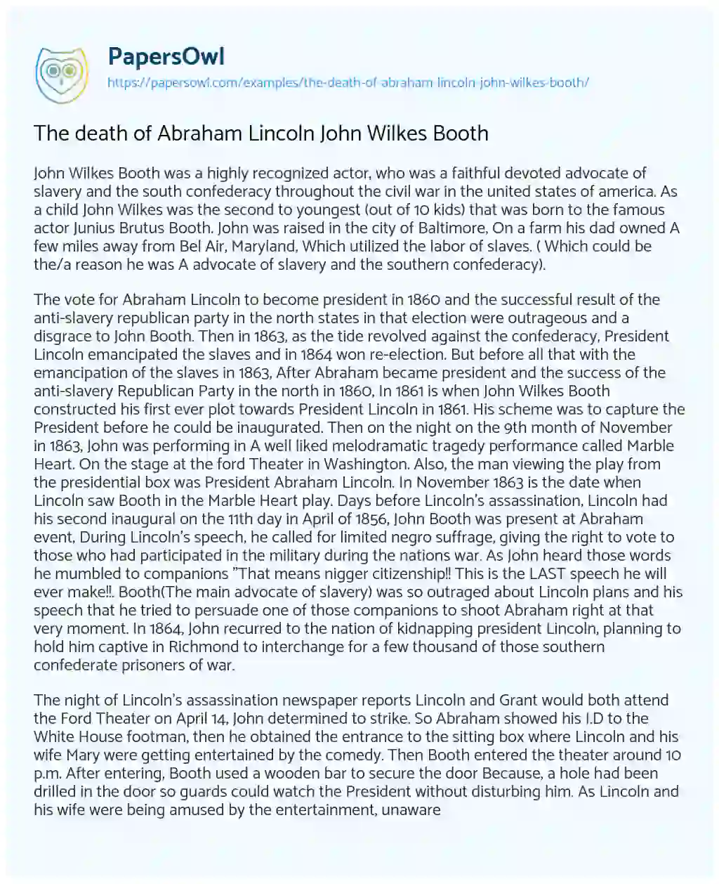 Essay on The Death of Abraham Lincoln John Wilkes Booth