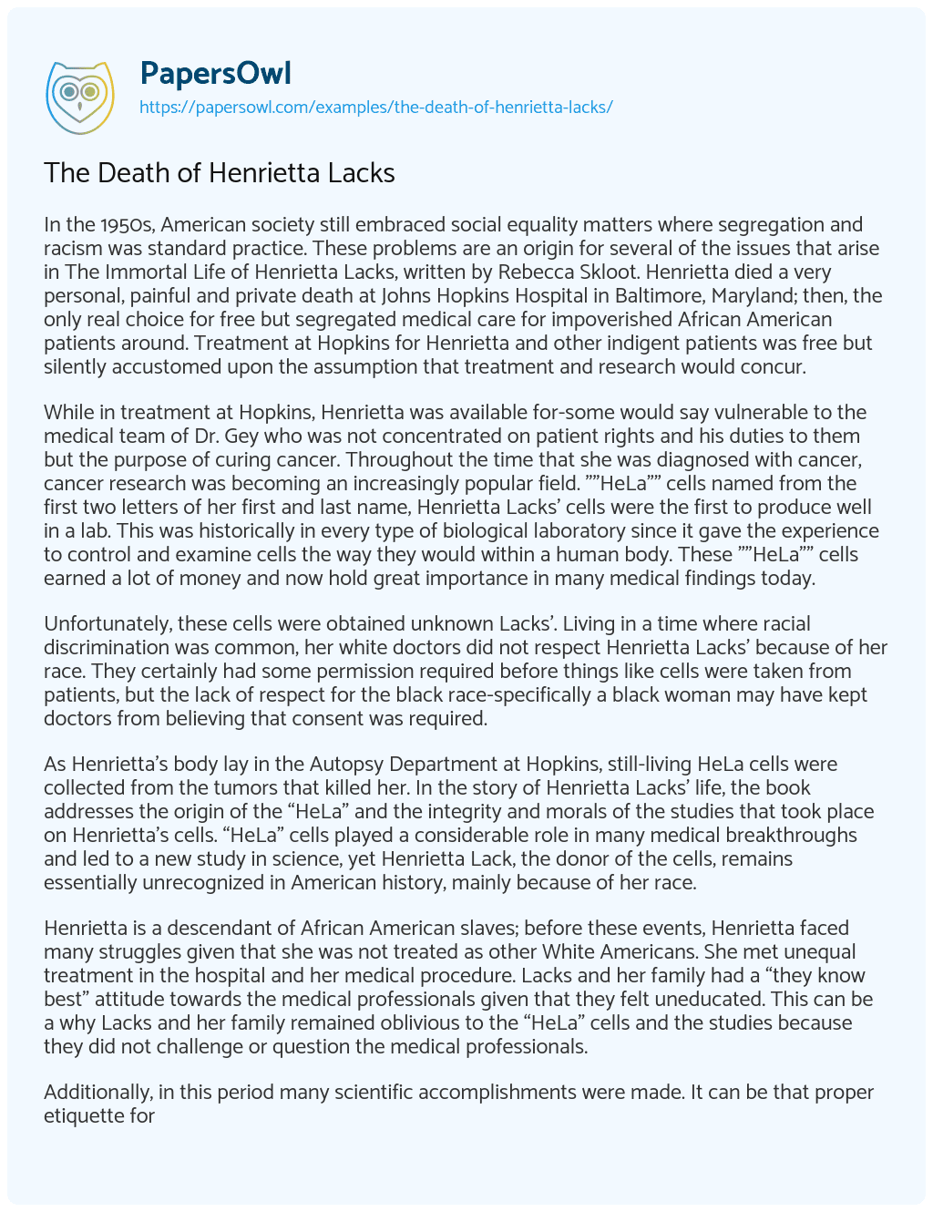 The Death of Henrietta Lacks essay
