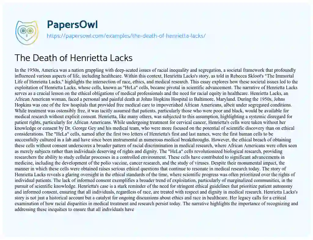 Essay on The Death of Henrietta Lacks