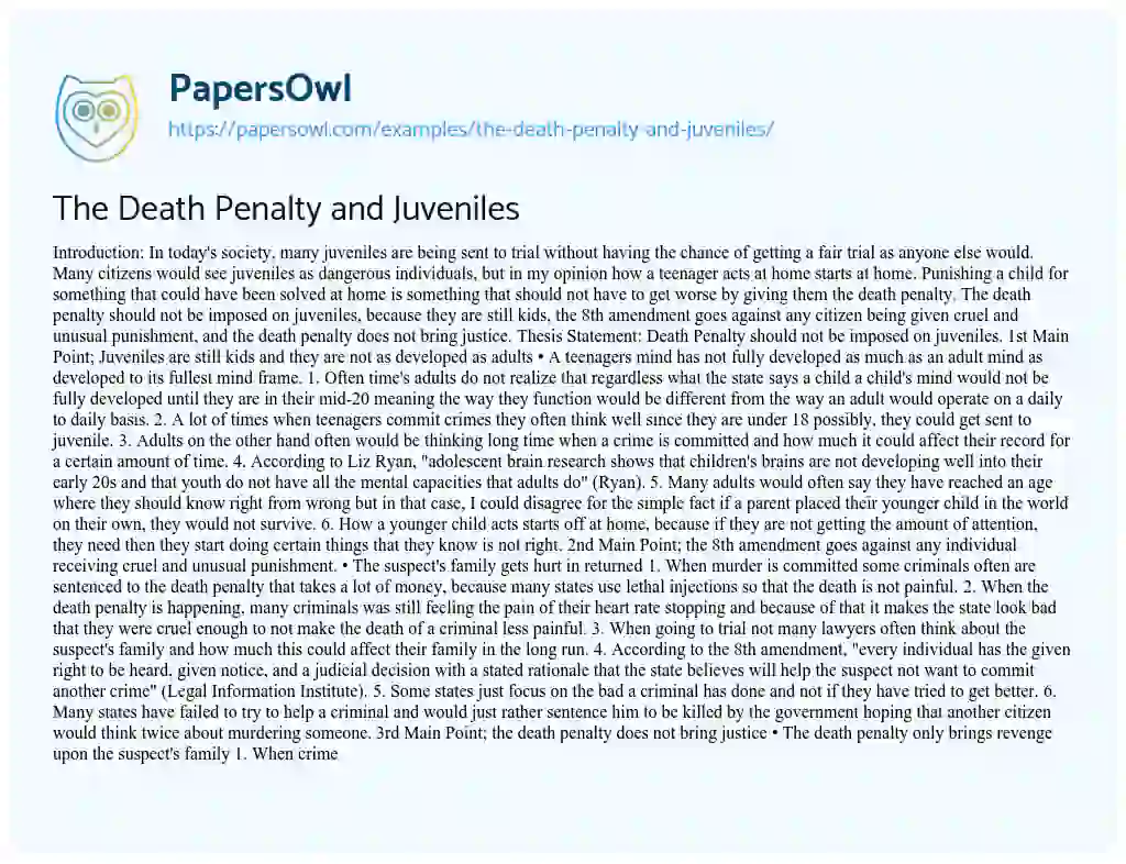 Essay on The Death Penalty and Juveniles