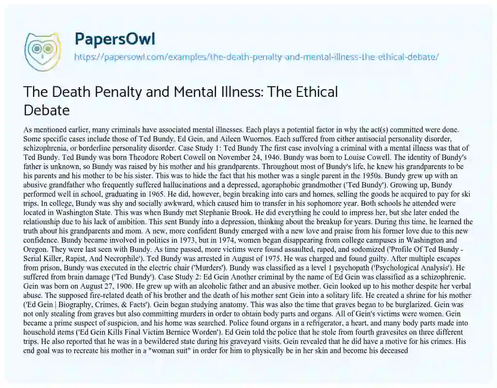 Essay on The Death Penalty and Mental Illness: the Ethical Debate