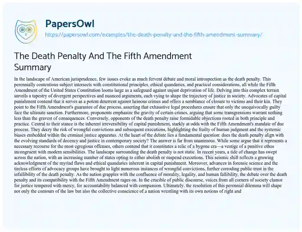 Essay on The Death Penalty and the Fifth Amendment Summary