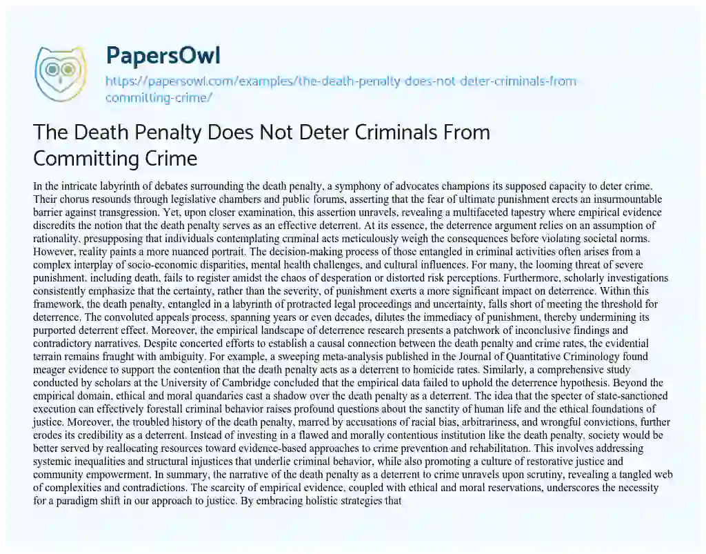 Essay on The Death Penalty does not Deter Criminals from Committing Crime