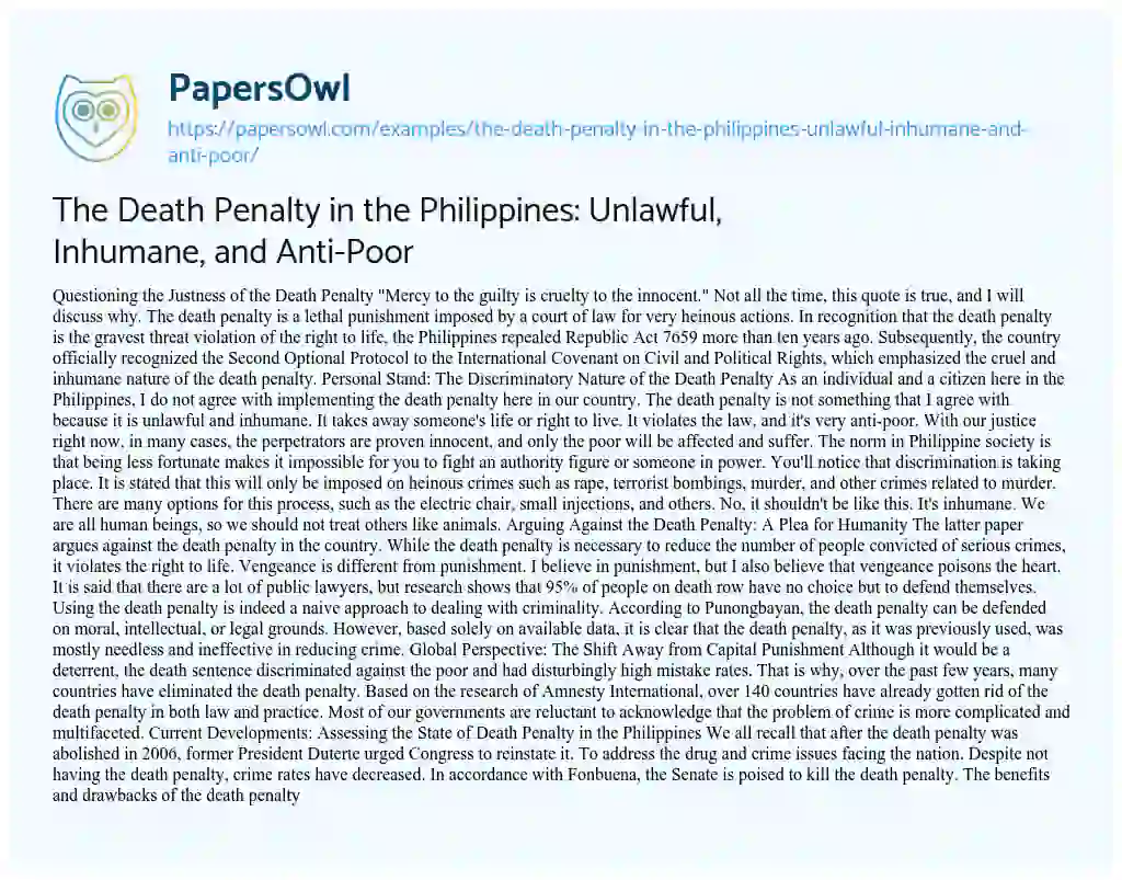 Essay on The Death Penalty in the Philippines: Unlawful, Inhumane, and Anti-Poor