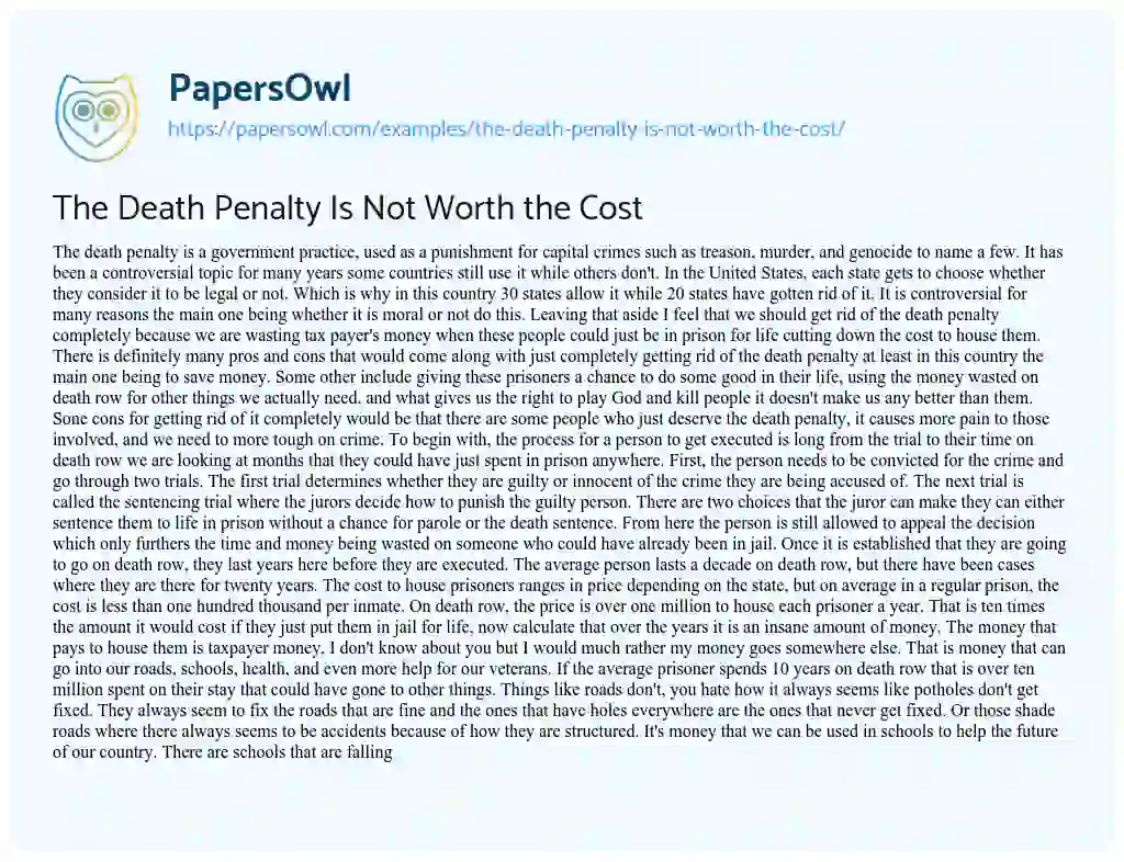 Essay on The Death Penalty is not Worth the Cost