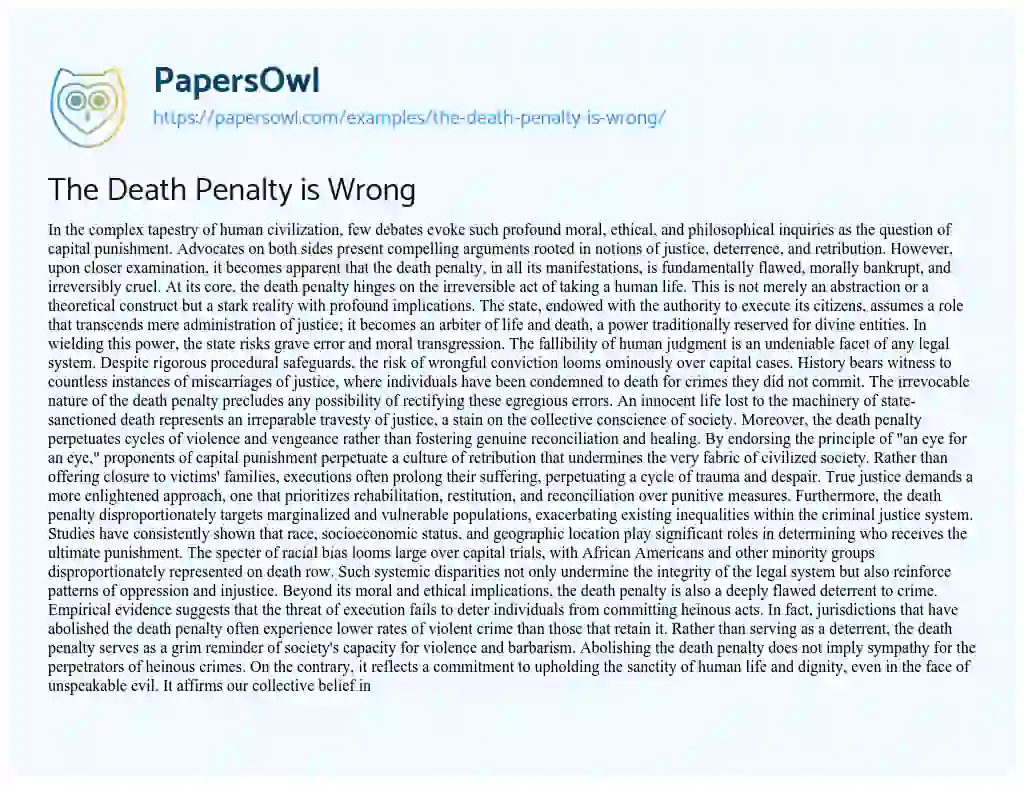 Essay on The Death Penalty is Wrong