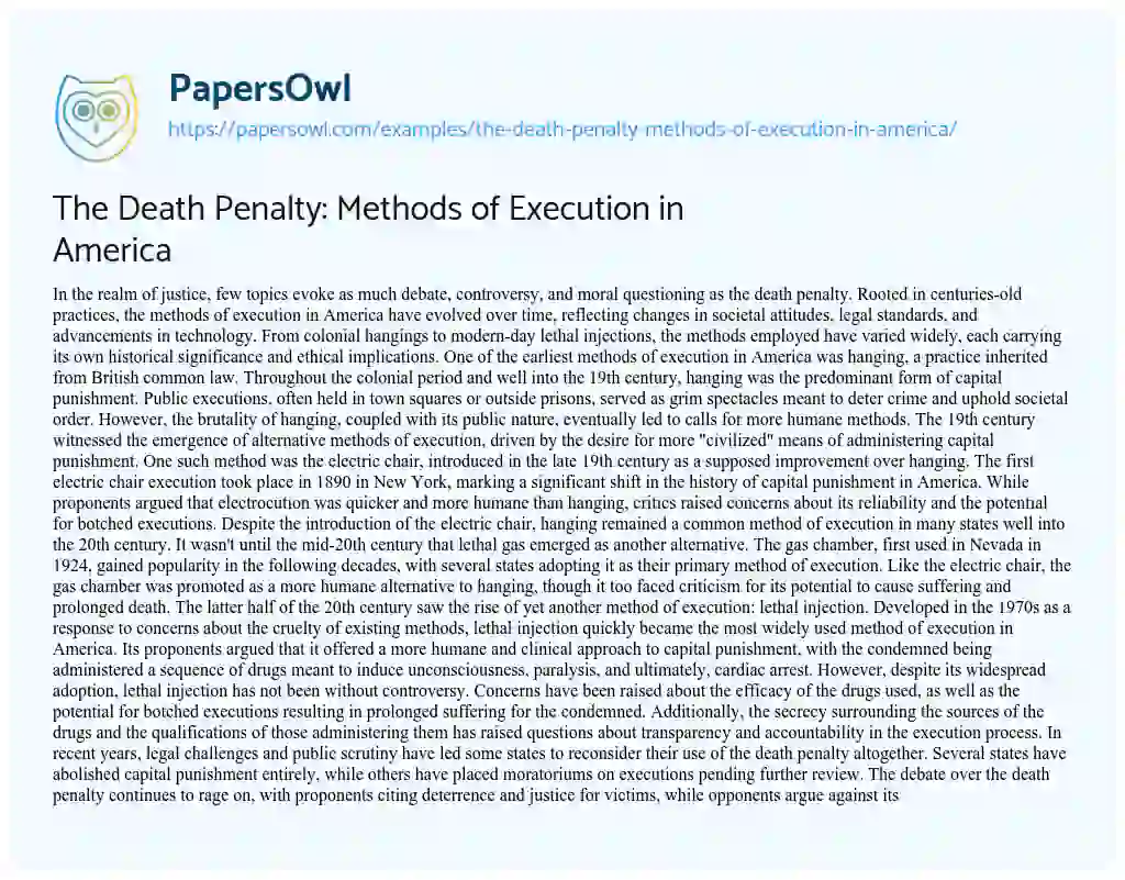 Essay on The Death Penalty: Methods of Execution in America