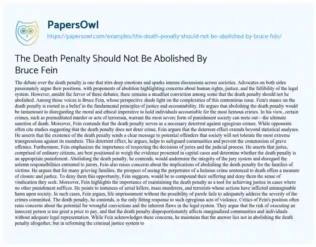 Essay on The Death Penalty should not be Abolished by Bruce Fein