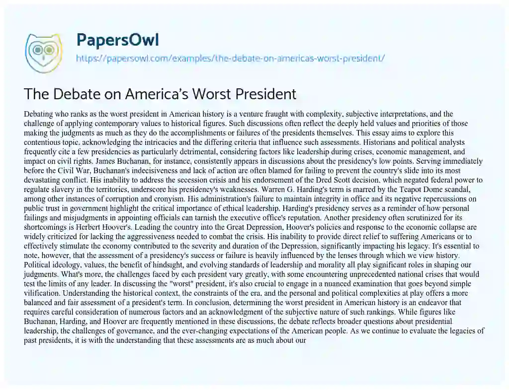 Essay on The Debate on America’s Worst President