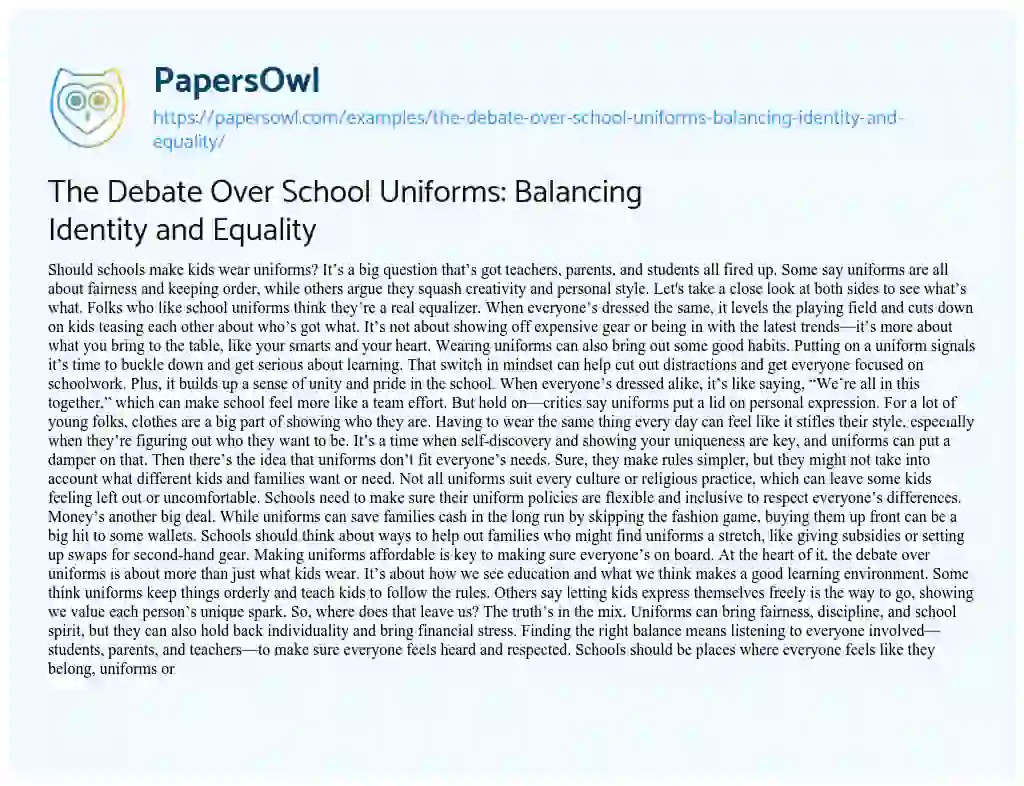 Essay on The Debate over School Uniforms: Balancing Identity and Equality