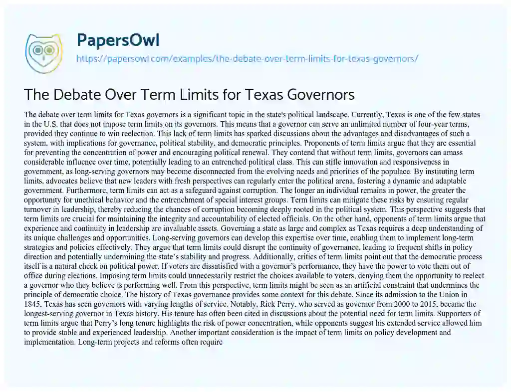 Essay on The Debate over Term Limits for Texas Governors