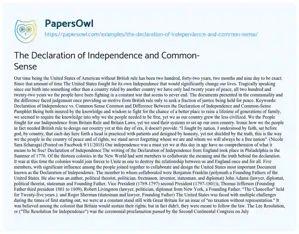 Essay on The Declaration of Independence and Common-Sense