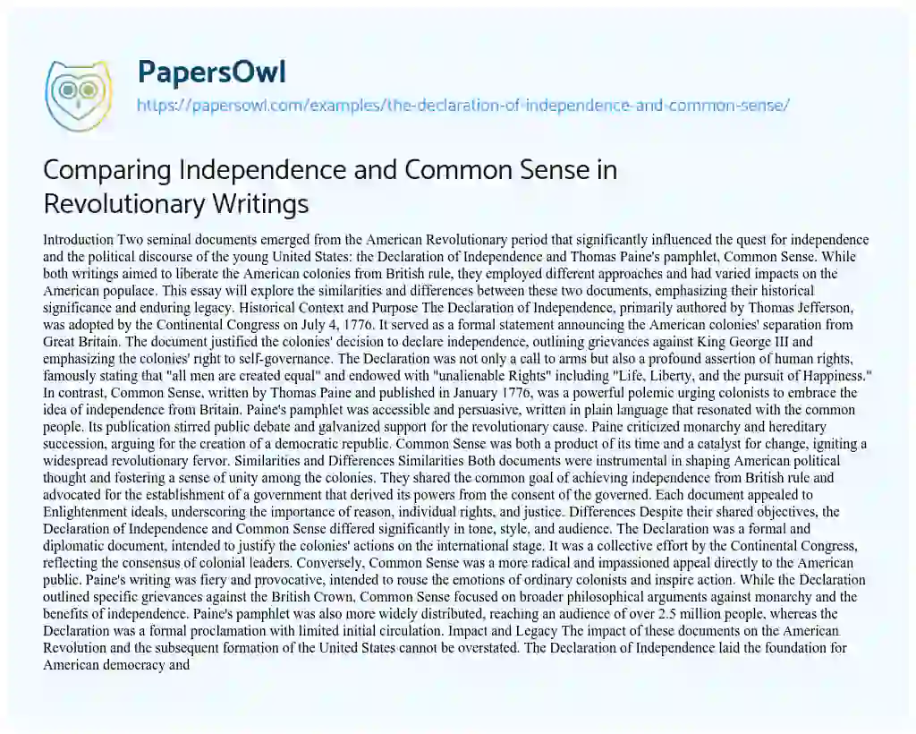 Essay on The Declaration of Independence and Common-Sense