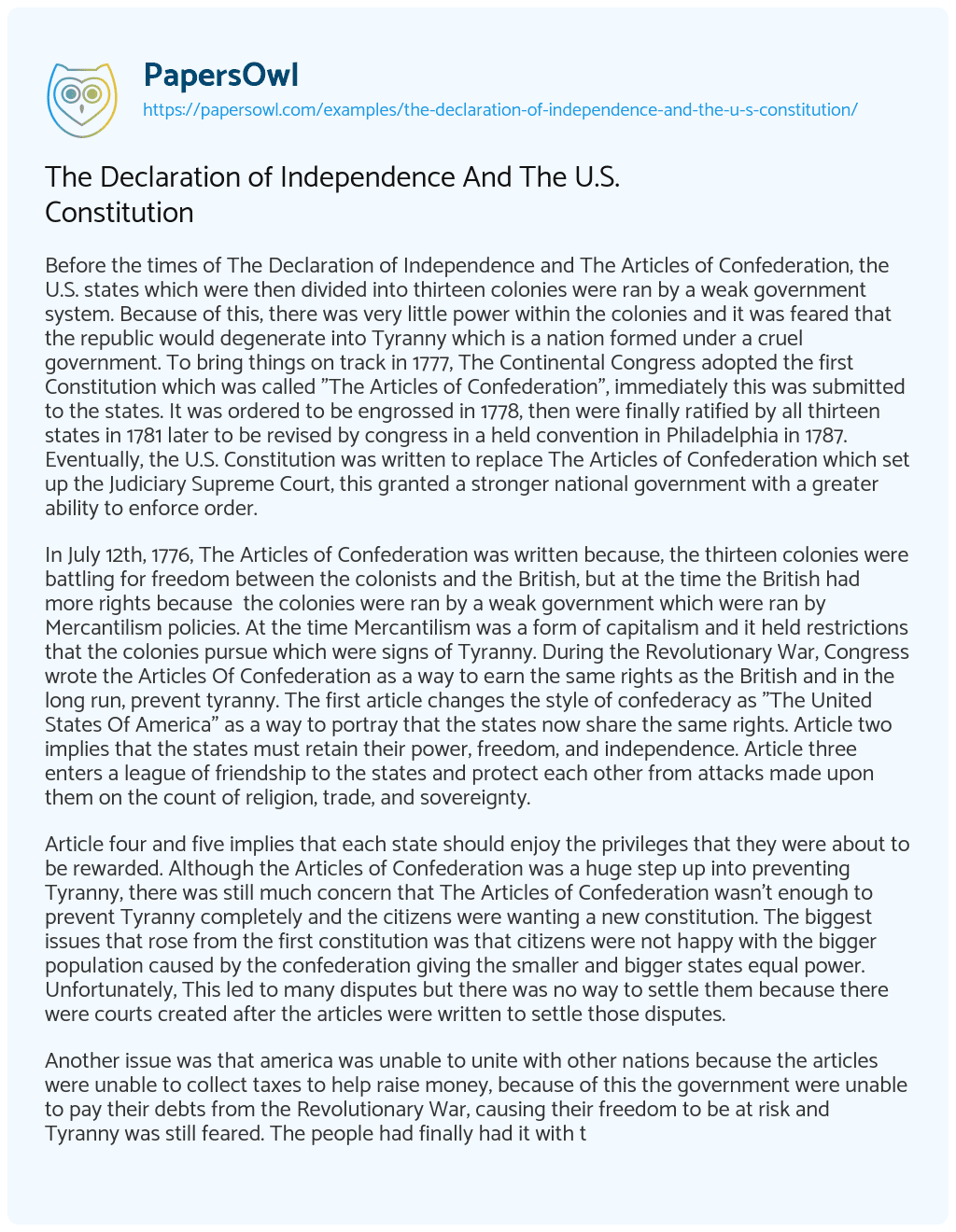 Essay on The Declaration of Independence and the U.S. Constitution