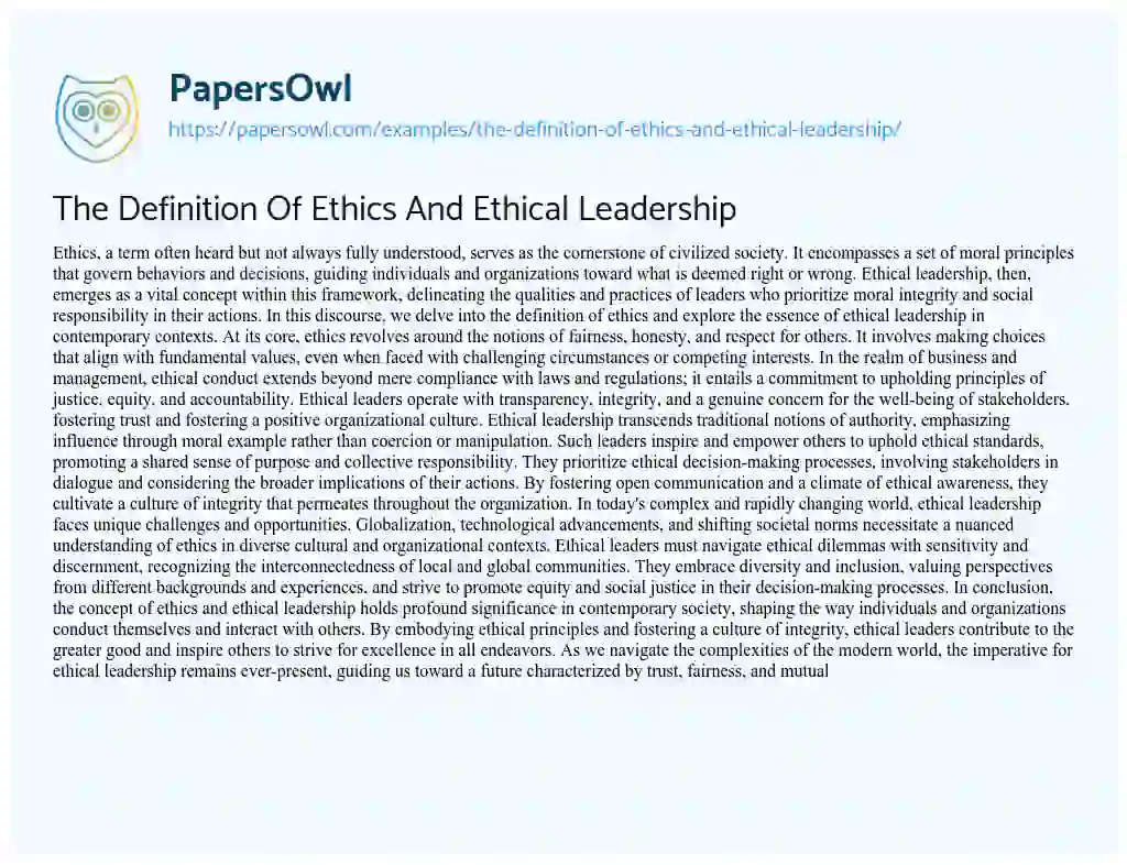 Essay on The Definition of Ethics and Ethical Leadership